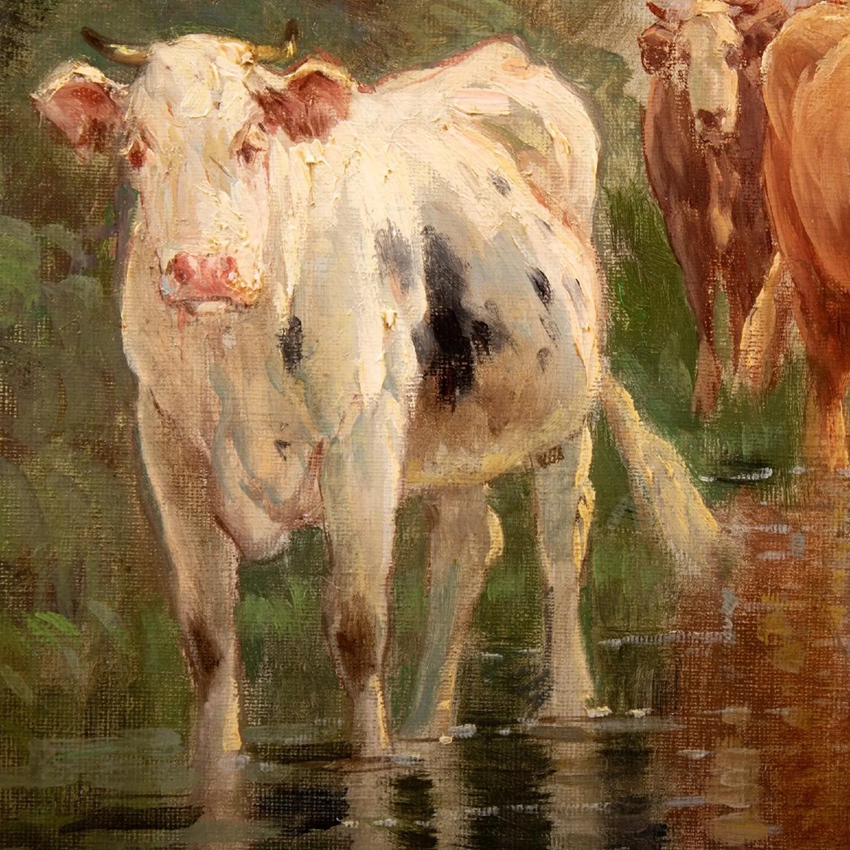 Joseph Million (1871-1931), paysanne et troupeau de vaches près d’un étang, huile sur toile-photo-2