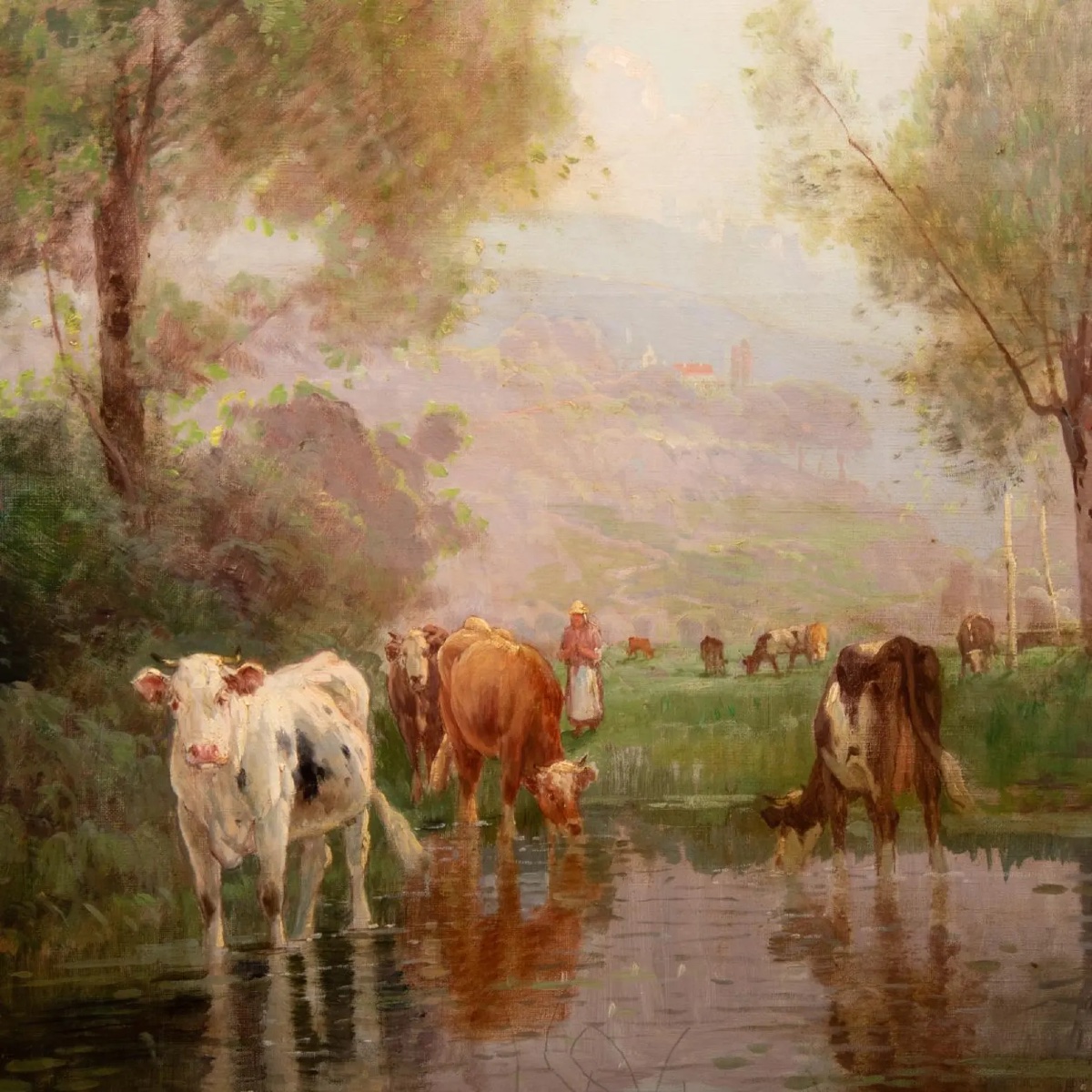 Joseph Million (1871-1931), paysanne et troupeau de vaches près d’un étang, huile sur toile-photo-3