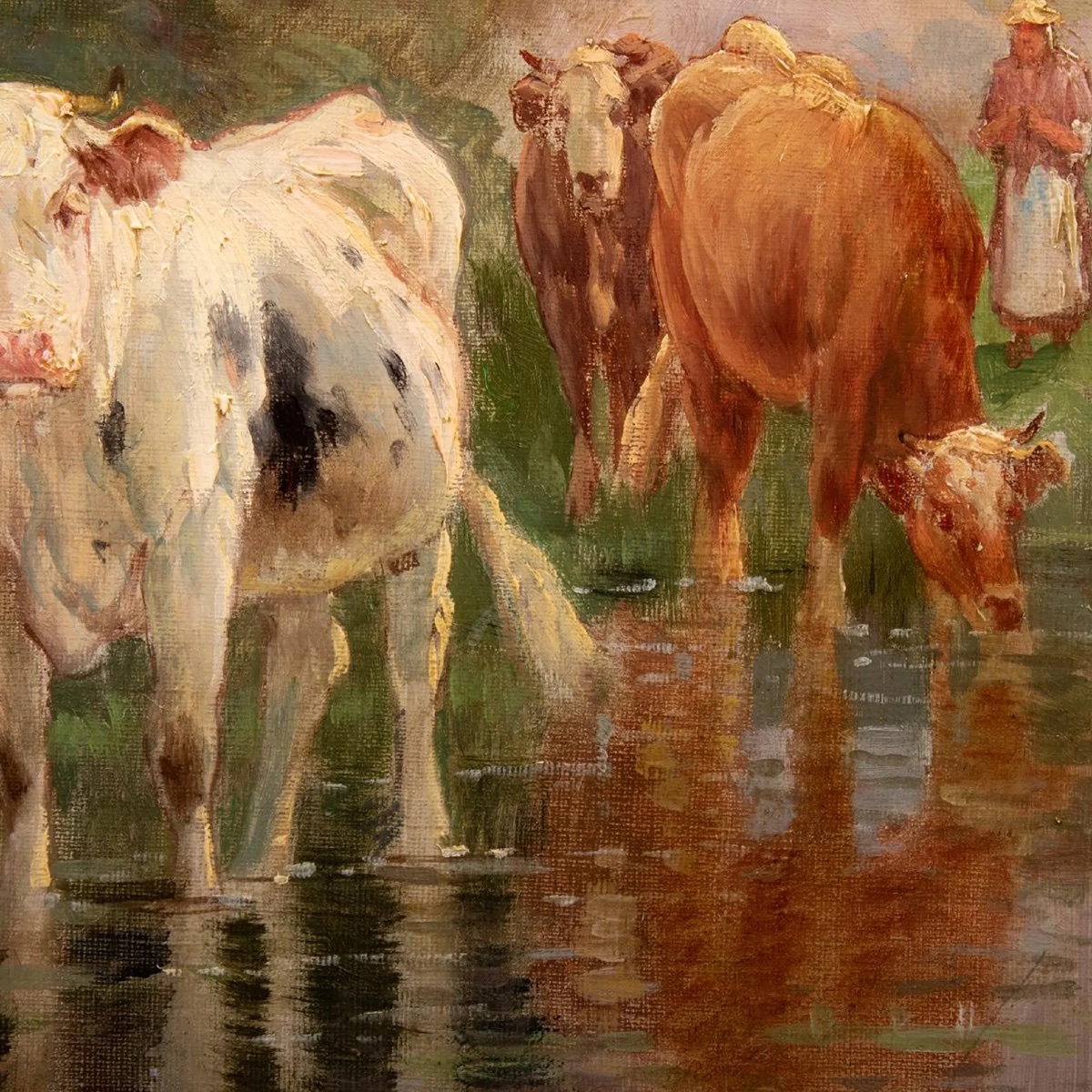 Joseph Million (1871-1931), paysanne et troupeau de vaches près d’un étang, huile sur toile-photo-4