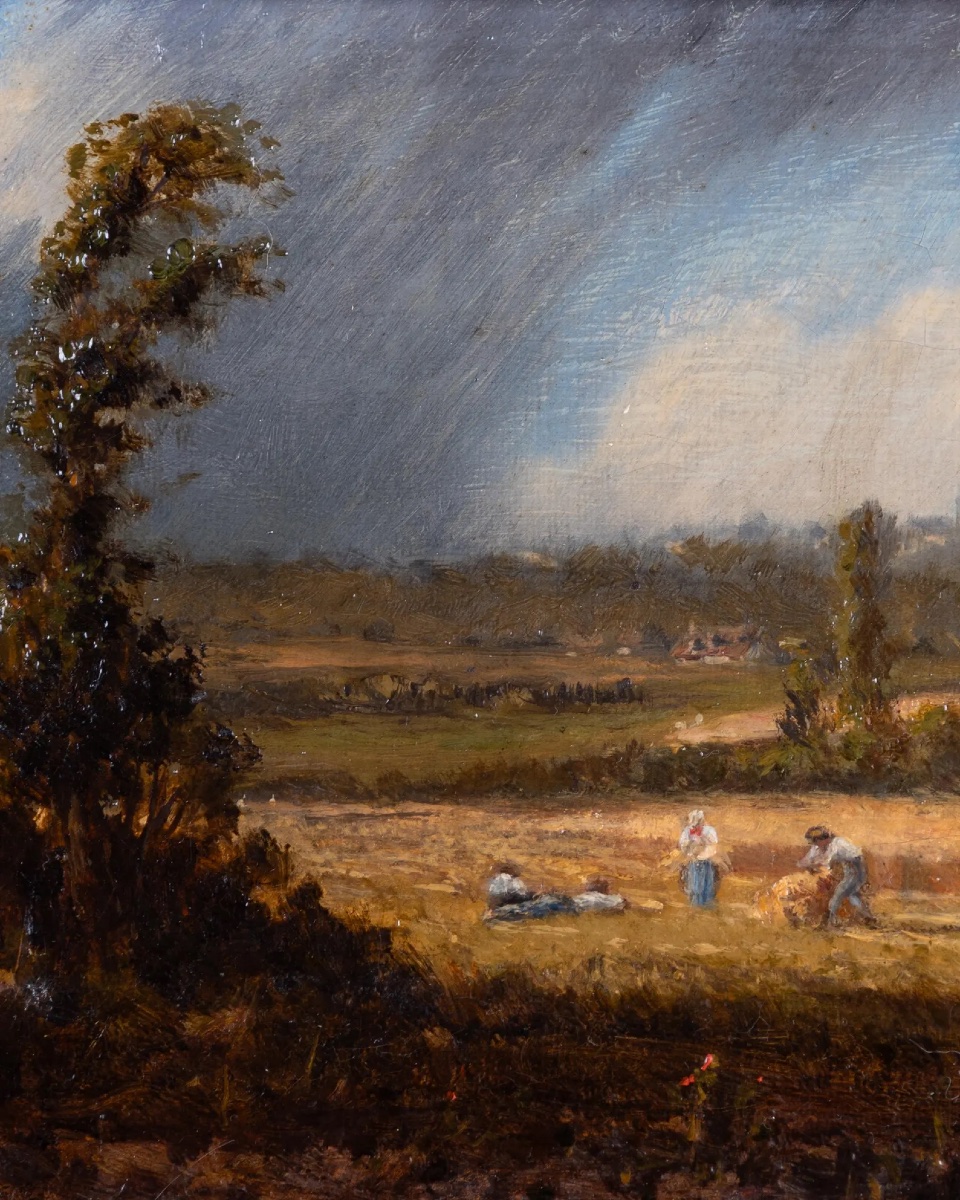 Small Rural Landscape Painting, Harvest Scene, Oil On Canvas, 19th Century, Wooden Frame-photo-4