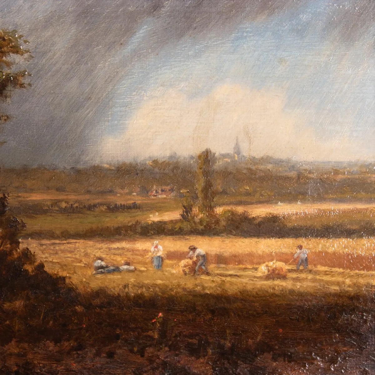 Small Rural Landscape Painting, Harvest Scene, Oil On Canvas, 19th Century, Wooden Frame-photo-5