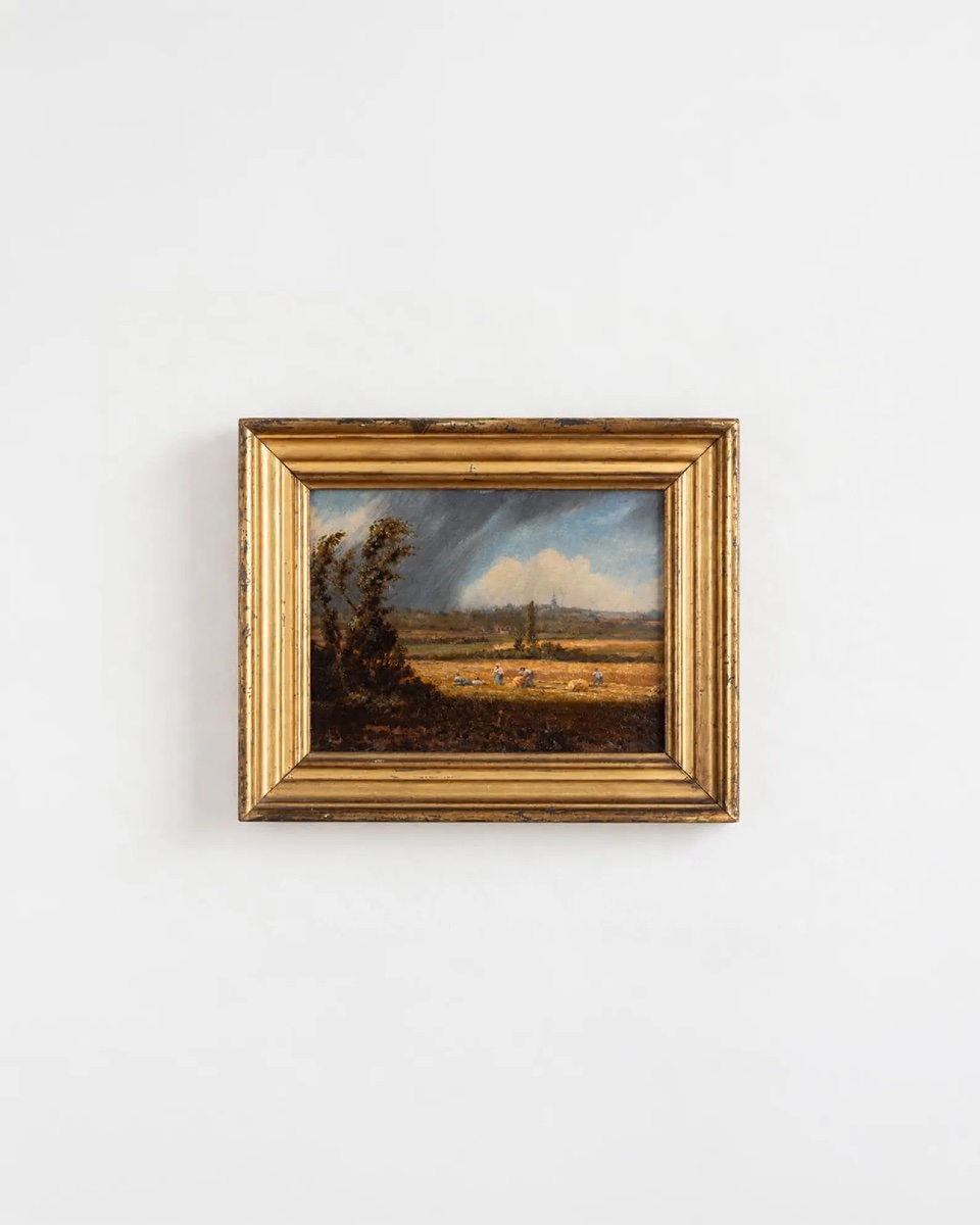 Small Rural Landscape Painting, Harvest Scene, Oil On Canvas, 19th Century, Wooden Frame