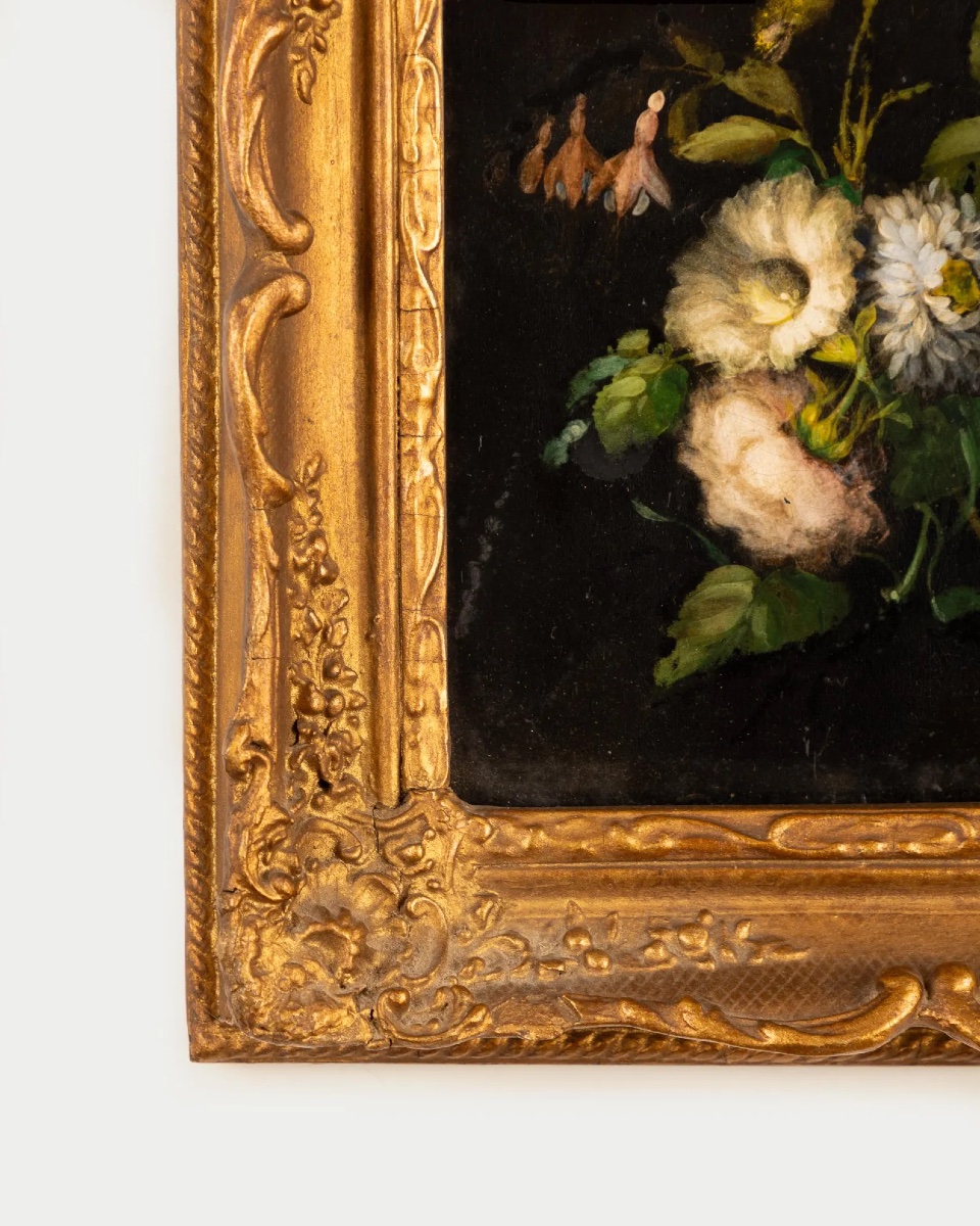 Still Life With Flowers, Oil On Slate, 19th Century, Antique Gilded Wooden Frame-photo-1