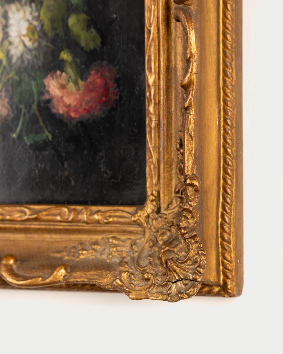 Still Life With Flowers, Oil On Slate, 19th Century, Antique Gilded Wooden Frame-photo-2