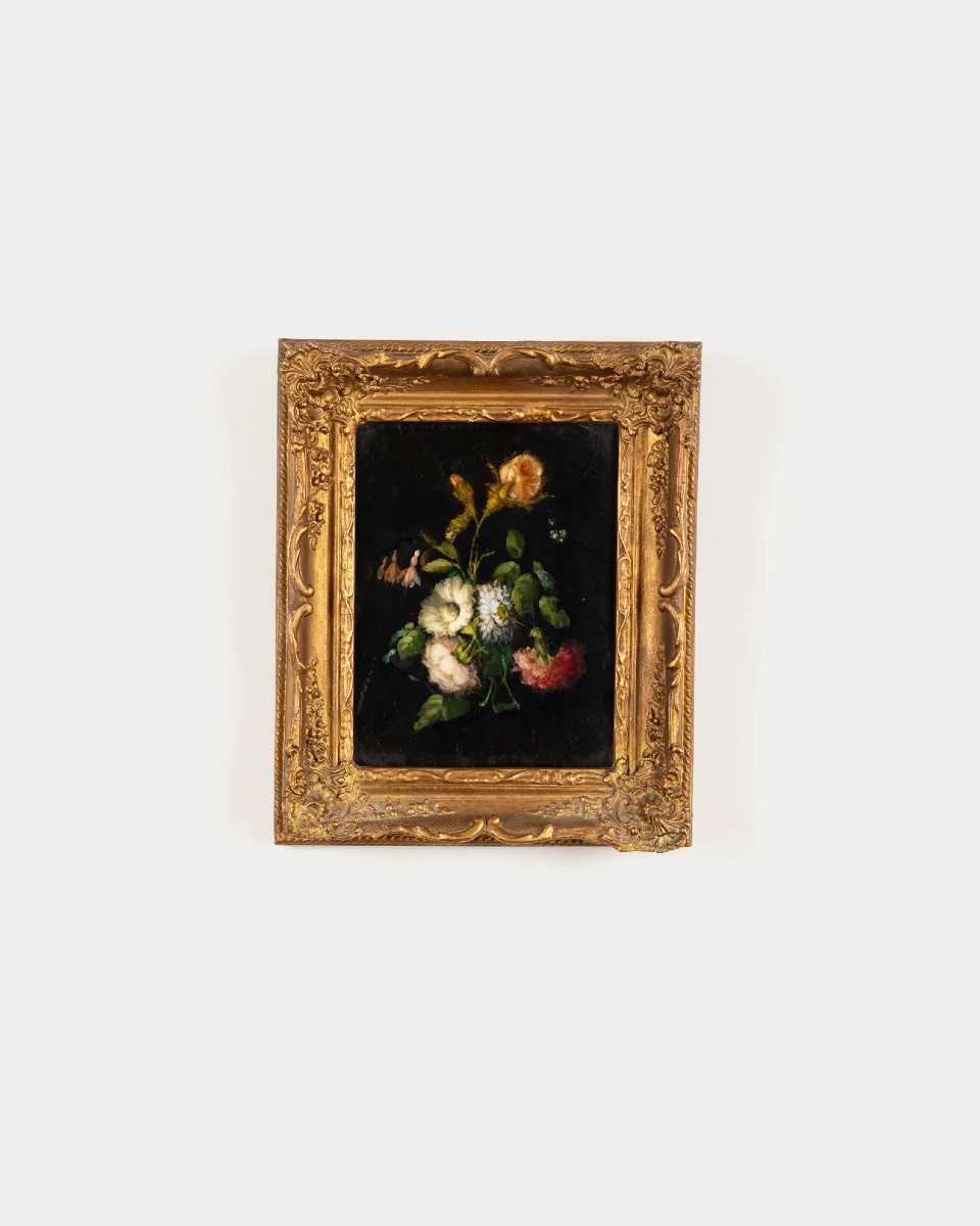 Still Life With Flowers, Oil On Slate, 19th Century, Antique Gilded Wooden Frame-photo-4