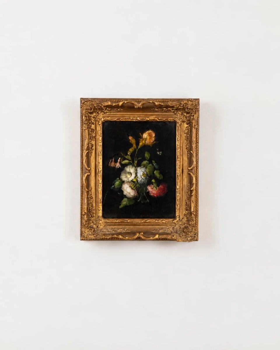 Still Life With Flowers, Oil On Slate, 19th Century, Antique Gilded Wooden Frame