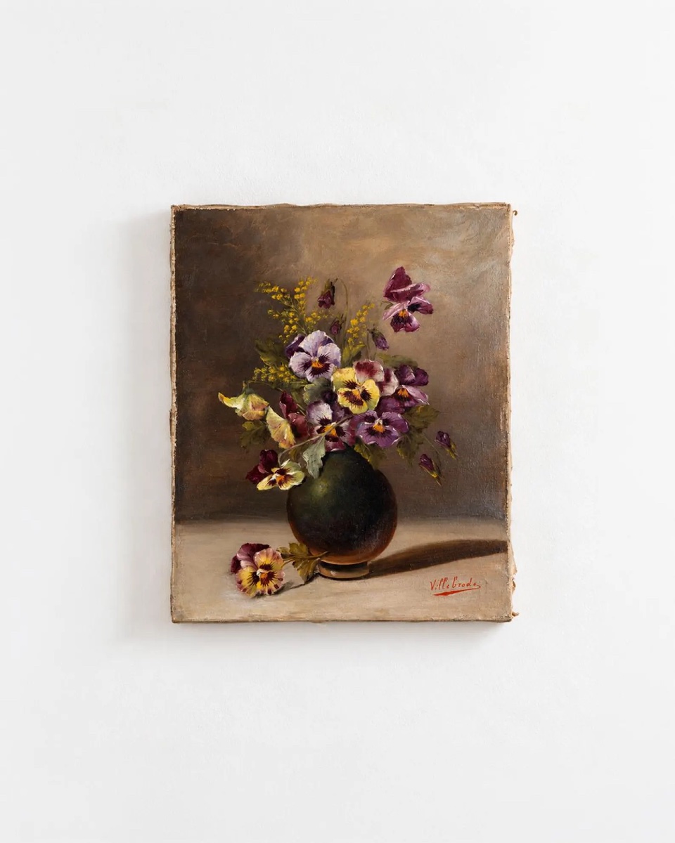 Villebrode, nature morte aux pensées et mimosa, huile sur toile, XIXe siècle, signée-photo-2