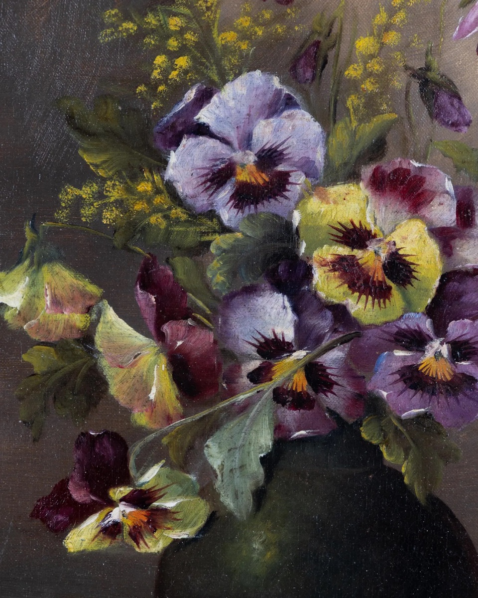 Villebrode, nature morte aux pensées et mimosa, huile sur toile, XIXe siècle, signée-photo-3