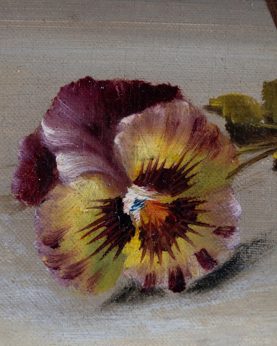Villebrode, nature morte aux pensées et mimosa, huile sur toile, XIXe siècle, signée-photo-4
