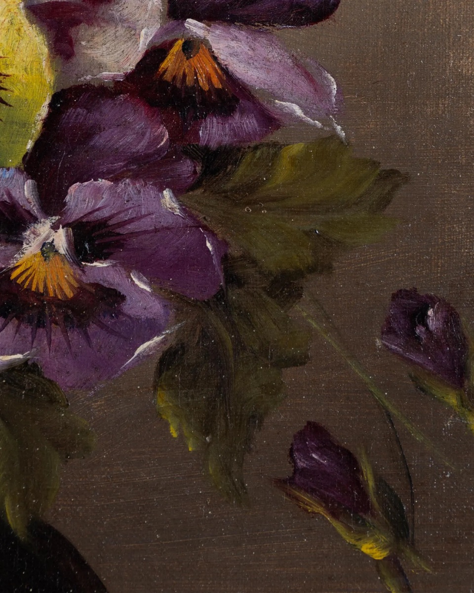 Villebrode, nature morte aux pensées et mimosa, huile sur toile, XIXe siècle, signée-photo-1