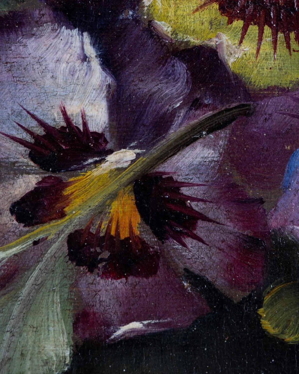 Villebrode, nature morte aux pensées et mimosa, huile sur toile, XIXe siècle, signée-photo-6