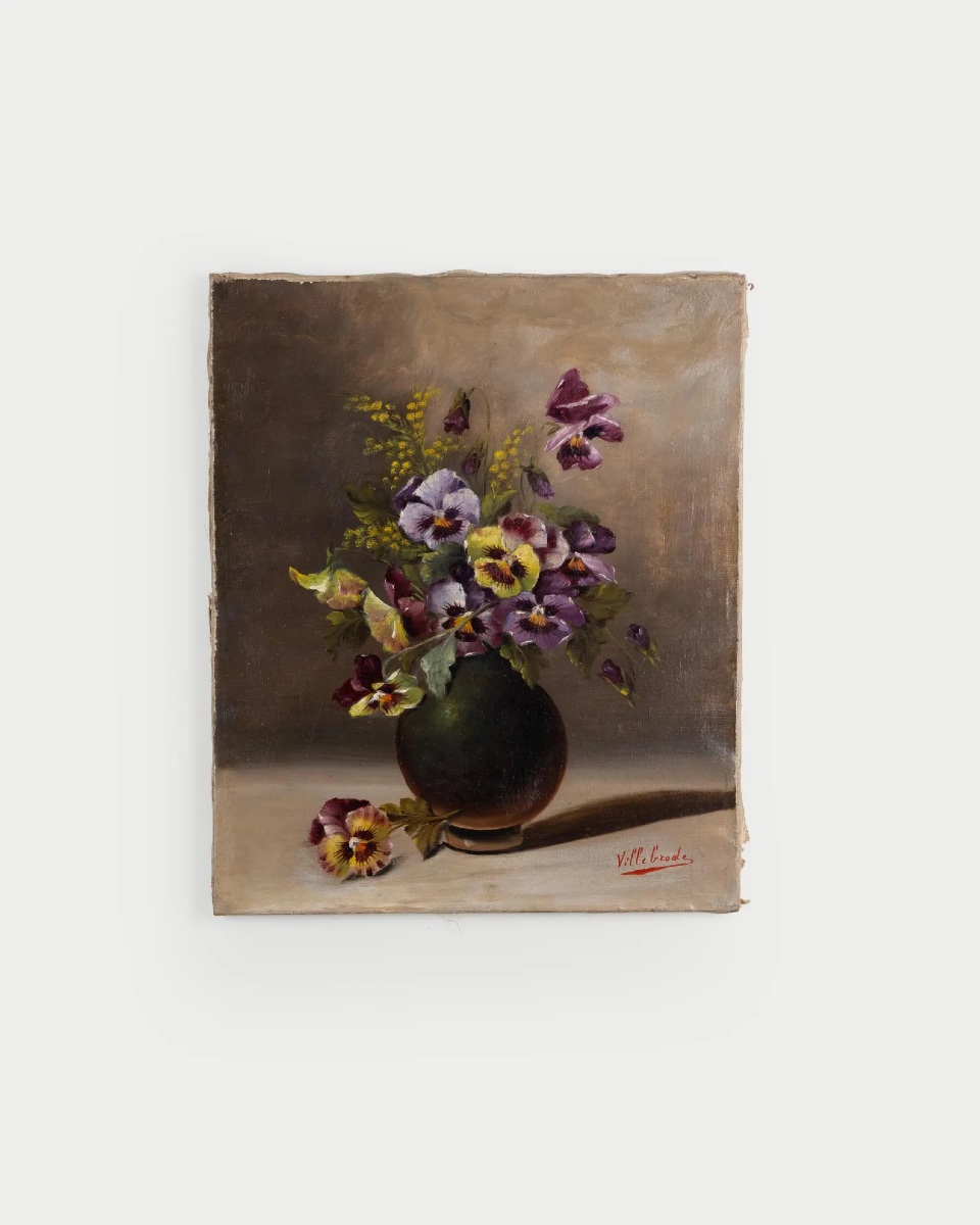 Villebrode, nature morte aux pensées et mimosa, huile sur toile, XIXe siècle, signée
