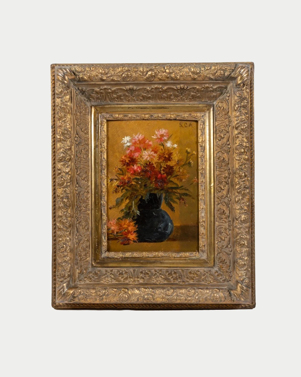 École française du XIXe siècle, bouquet de fleurs dans un vase noir, huile sur panneau-photo-2