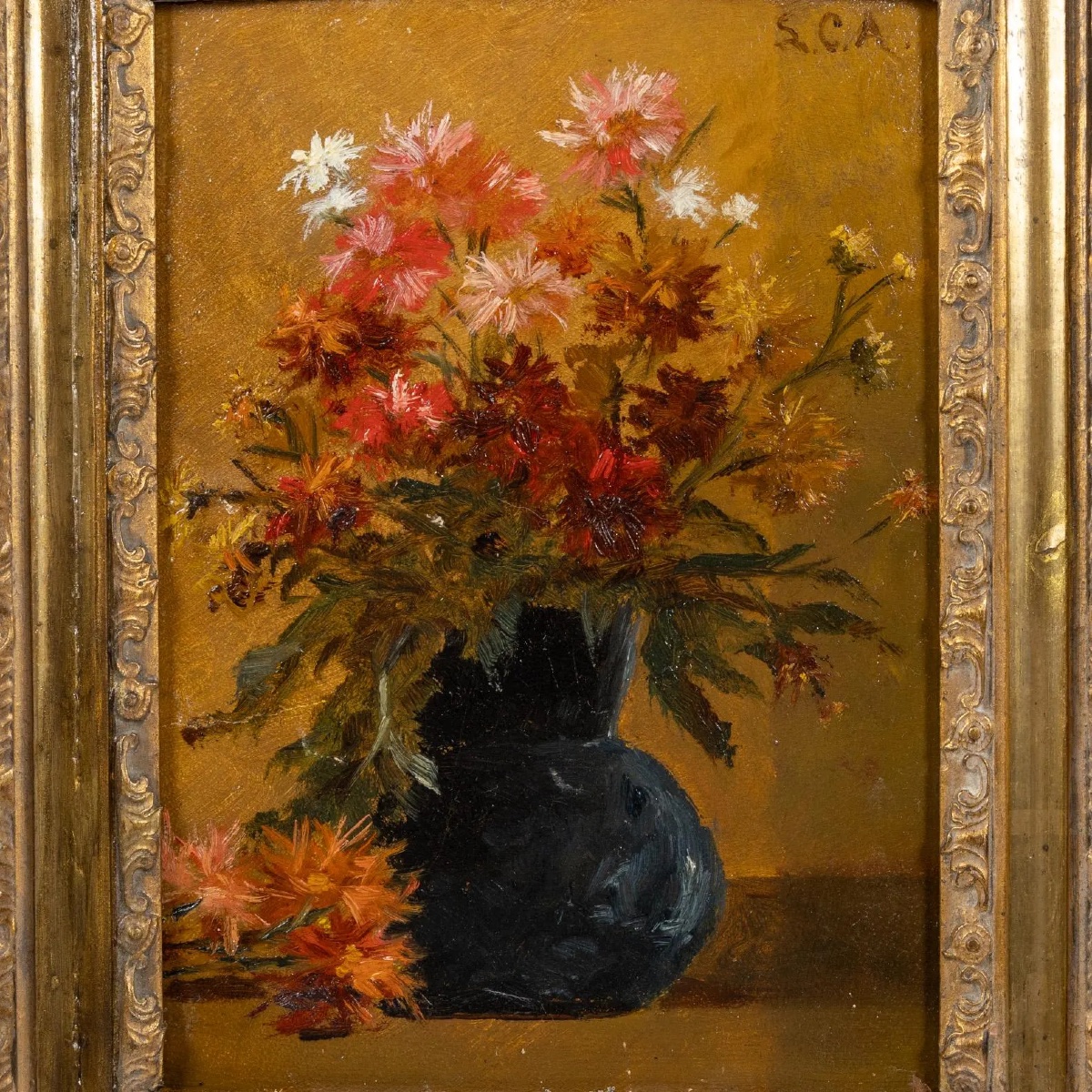 École française du XIXe siècle, bouquet de fleurs dans un vase noir, huile sur panneau-photo-2