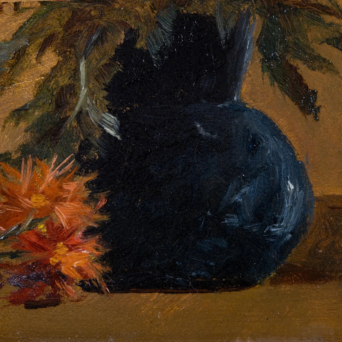 École française du XIXe siècle, bouquet de fleurs dans un vase noir, huile sur panneau-photo-3