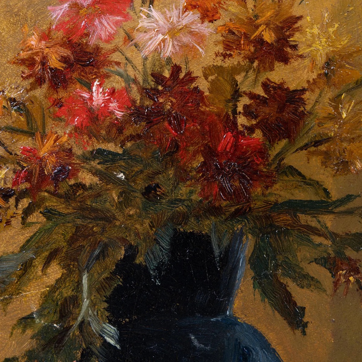 École française du XIXe siècle, bouquet de fleurs dans un vase noir, huile sur panneau-photo-4