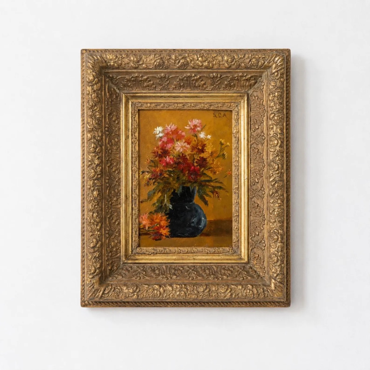 École française du XIXe siècle, bouquet de fleurs dans un vase noir, huile sur panneau