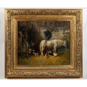 Alexandre Defaux (french, 1826-1900):  Pony At Stable With Chickens Oil On Canvas
