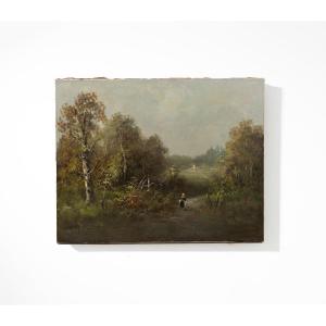 Paysage français, École Barbizon, huile sur toile, signée J. Henry, fin du XIXe Siecle