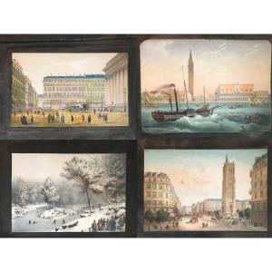 Set Of Watercolors, Four 19th-century Images, Both Sides - Paris, Venice, Bois De Boulogne