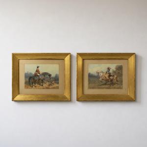 Théodore Fort (1810-1896) Ladies On Horseback - Pair Of Watercolors, Circa 1850