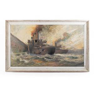 The Raid On Zeebrugge (1918) – Attributed To Charles John De Lacy (1856–1929) – Oil On Canvas