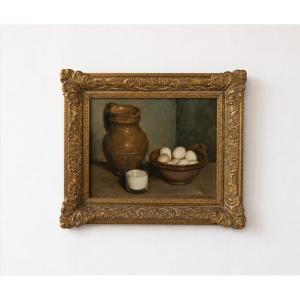 Robert Van Cauwenberghe (1905–1985) – Huile sur panneau – Nature morte pot à lait, verre et œuf