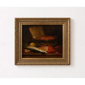 Nature morte  – Poissons, crevettes et panier au citron – École française, milieu XIXe siècle