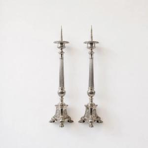 Large Pair Of Antique Silver-plated Altar Candlesticks, France, Style Louis XVI