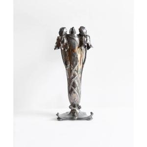 Antique Art Nouveau Vase In Silver-plated Metal With A Relief Iris Design, Circa 1900–1915