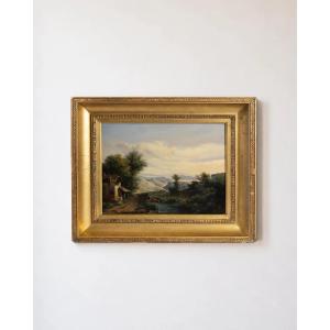 Beautiful 19th-century French Oil On Canvas – Pastoral Landscape, House, River, And Mountains