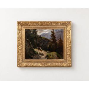 Intrigante huile originale du XIXe siècle, cheval blanc aux Diablerets, paysage des Alpes suiss