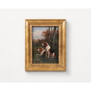 Walter Reeves (actif entre 1882 et 1900) – Chiens de chasse, huile originale du XIXe siècle, pe