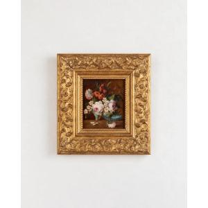 Small Still Life With Flowers, Oil On Oak Panel, Early 19th Century, Italian Frame In