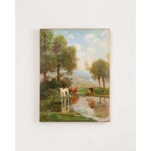 Joseph Million (1871–1931), Peasant Woman And Herd Of Cows Near A Pond, Oil On Canvas