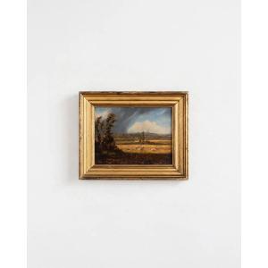 Petite peinture de paysage rural, scène de moisson, huile sur toile, XIXe siècle, cadre en bois
