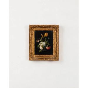 Nature morte aux fleurs, huile sur ardoise, XIXe siècle, cadre ancien en bois doré