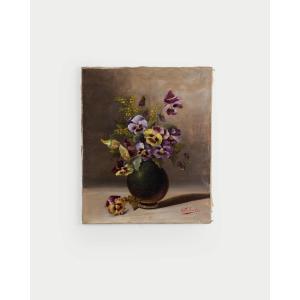 Villebrode, nature morte aux pensées et mimosa, huile sur toile, XIXe siècle, signée
