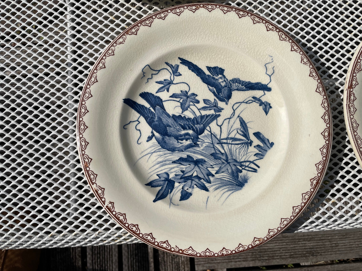 Set Of 6 Terre De Fer Plates Decorated With Birds And Insects-photo-2