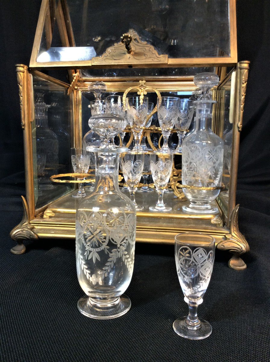 Liquor Cellar In Beveled Glass - Full Engraved Crystal Service - Late 19th Century-photo-2