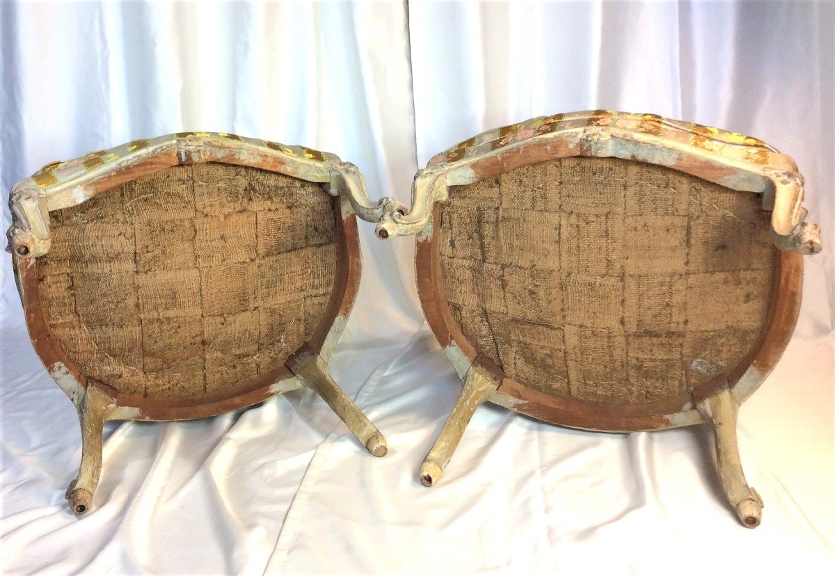 Stamp Of E. Meunier - Beautiful Pair Of Armchairs In Cream Lacquered Wood - Louis XV Period-photo-2