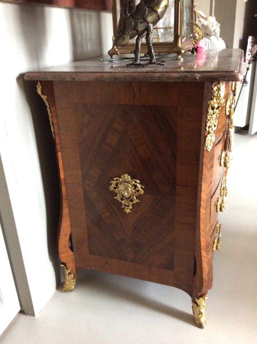 Belle Commode Mazarine En Marqueterie De Palissandre - Epoque Régence-photo-5