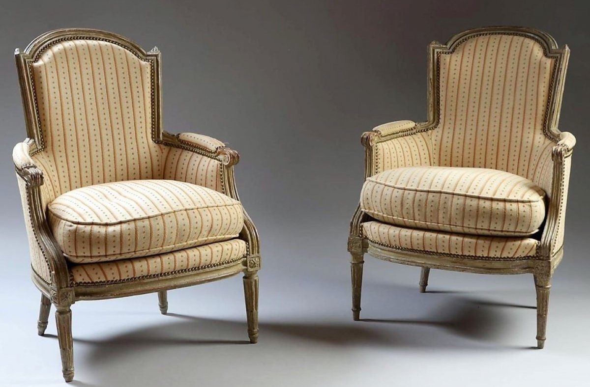 Stamp Of S. Brizard - Pair Of Belles Bergères Lacquered Wood - Louis XVI - 18th