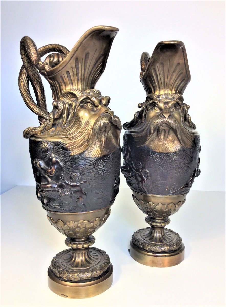  Pair Of Ewers In Gilt Bronze And Patinated Bronze - XIXth Century-photo-2