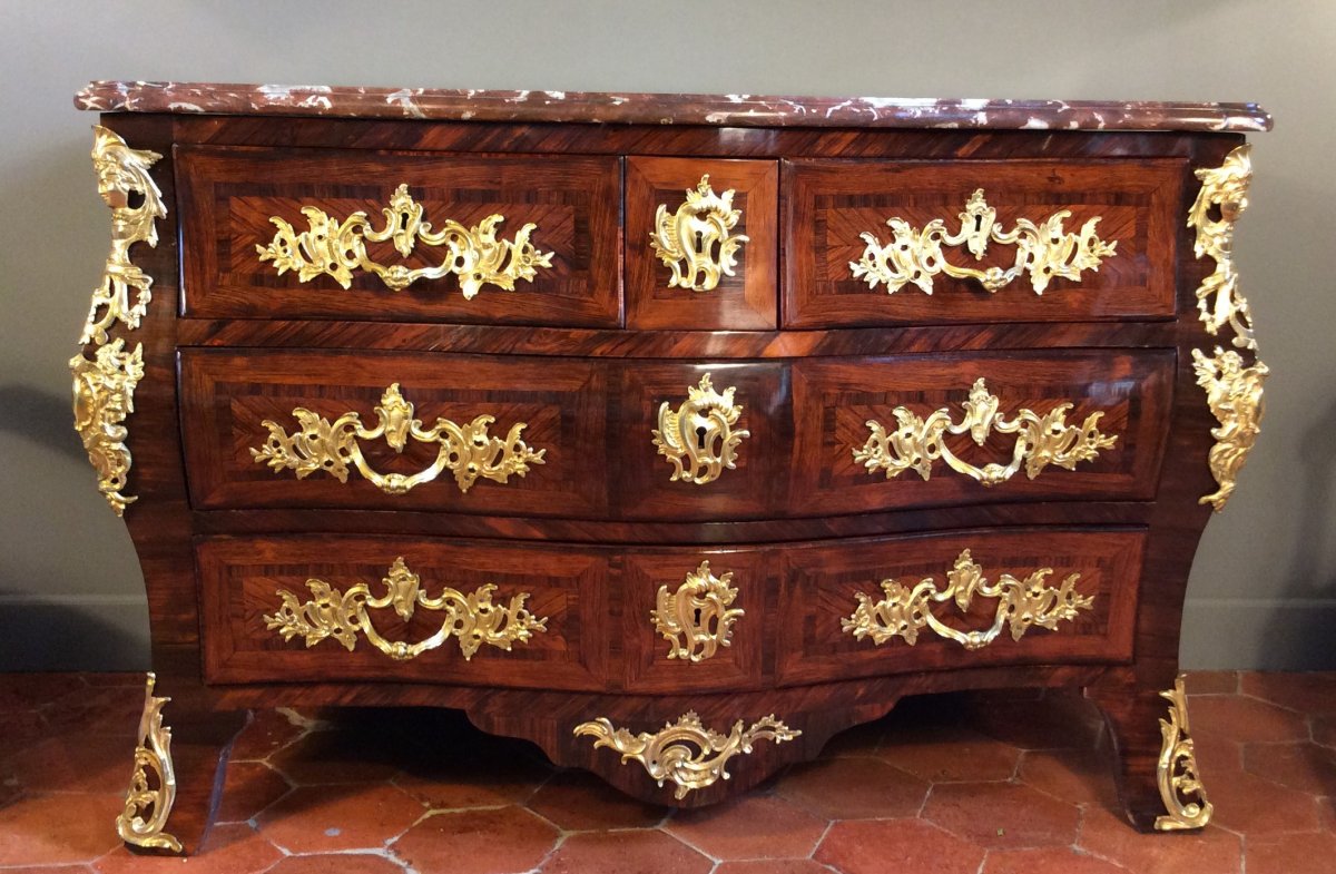 Estampillée Ellaume - Commode Louis XV En Marqueterie Palissandre - 18ème Siècle-photo-7