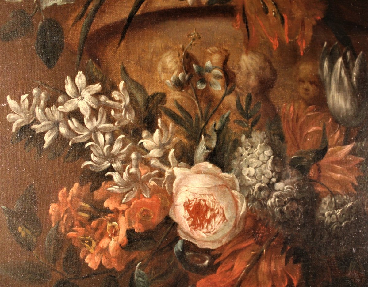  Van Der Beken - Vase Of Flowers On An Entablature - Oil On Canvas - Circa 1730-photo-3