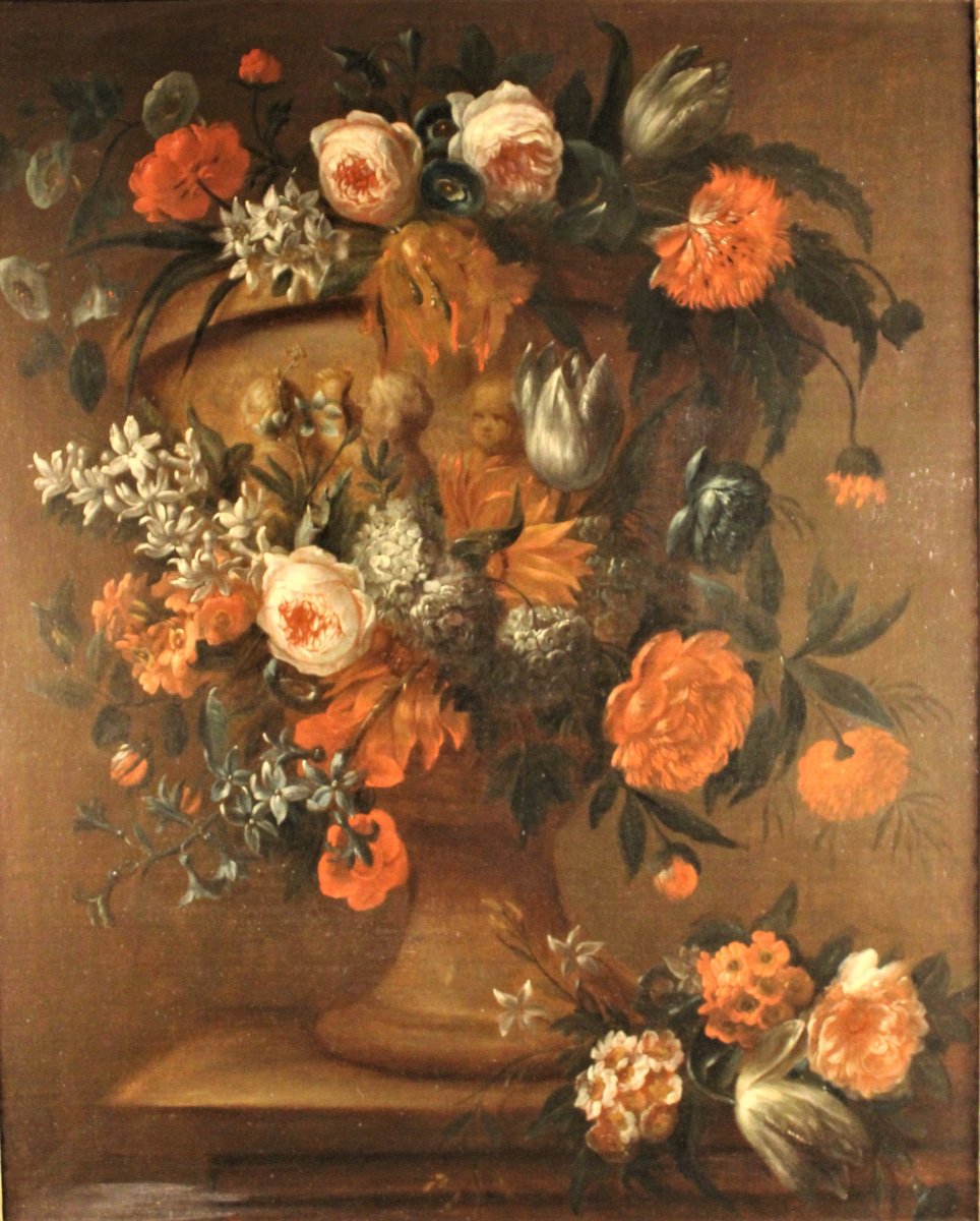  Van Der Beken - Vase Of Flowers On An Entablature - Oil On Canvas - Circa 1730-photo-6