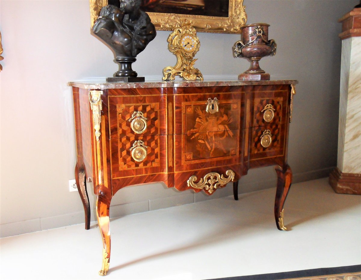 Stamped Carel - Transition Commode In Marquetry - 18th Century-photo-5