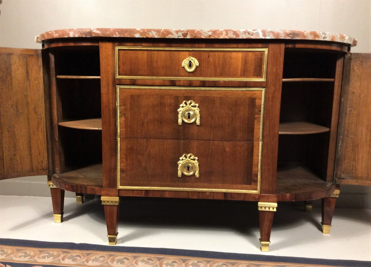 Estampillée  J. DAUTRICHE - Commode en demi-lune en satiné - Epoque Louis XVI-photo-1