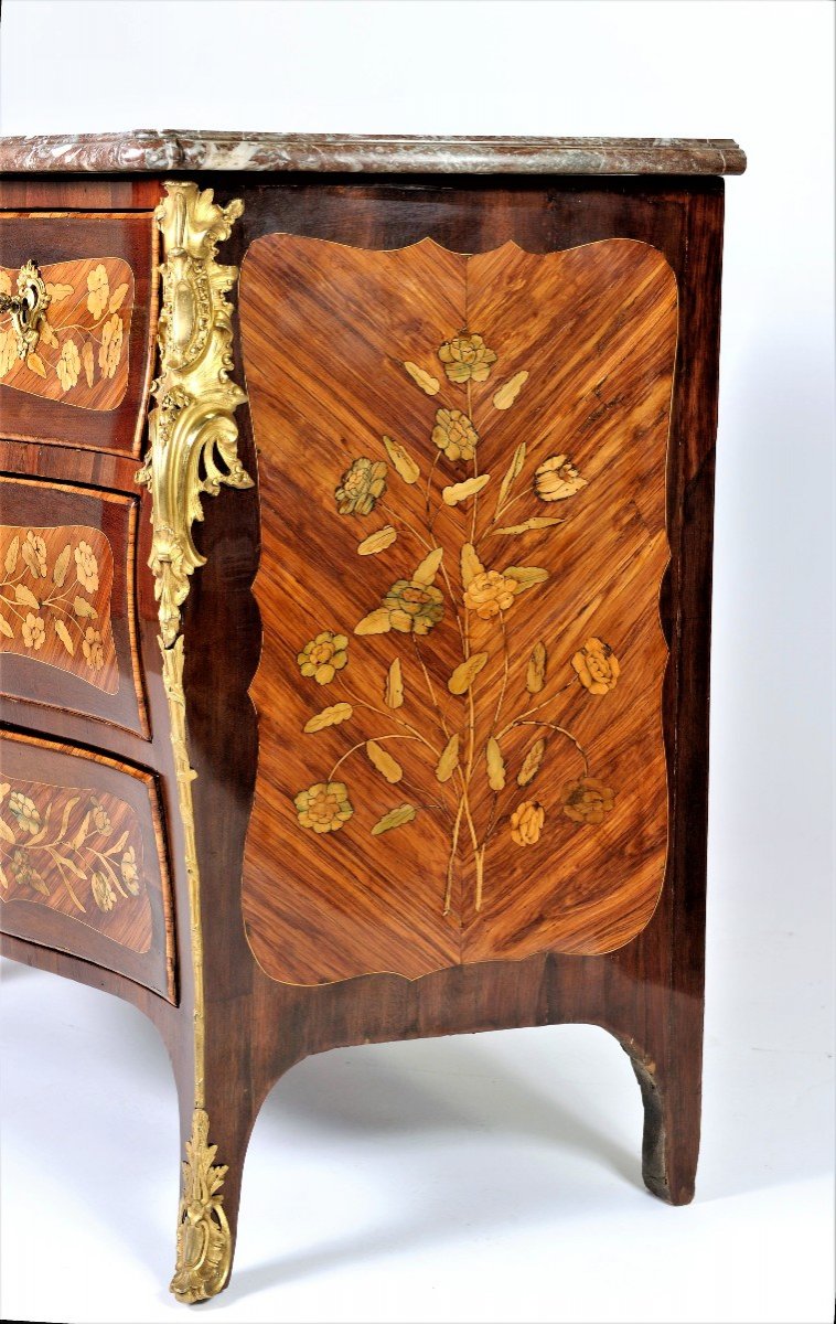   Estampillée « J. Birckle » - Commode En Marqueterie Florale – Epoque Louis XV-photo-4